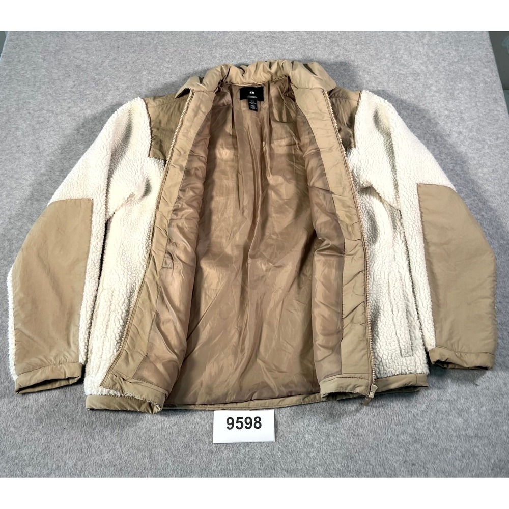 H&M Sherpa Fleece Jacket Mens Large Beige Brown Regular Fit Mock Neck Full Zip